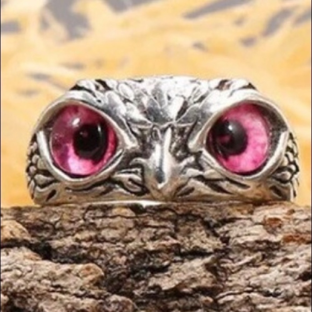 🦉Owl Ring pink eyes 925 stamped hallmarked adjustable